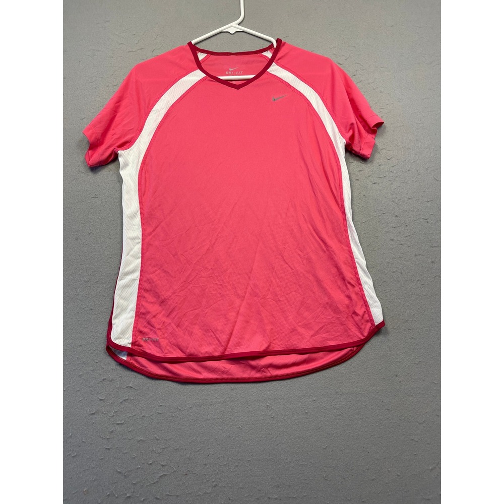 Nike Dri-FIT Shirt Mesh Polyester Pink White Large Womens